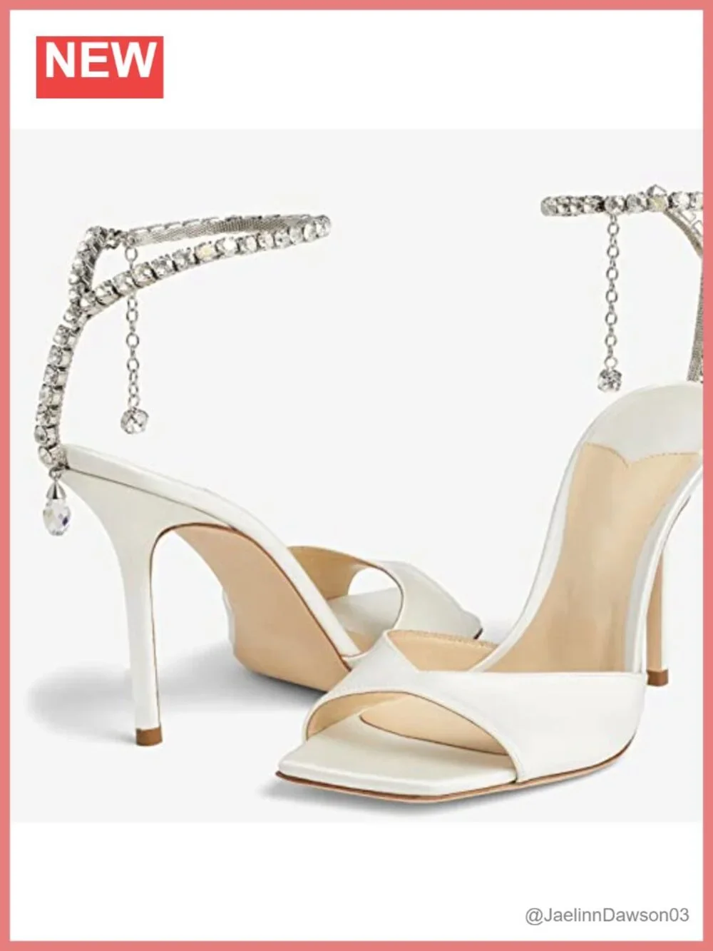 Women's Satin Heeled Sandals with Crystal Chain Ankle Strap Stiletto Square